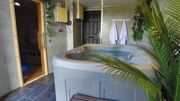A modern bathroom with a hot tub, a wooden door, and a shower area.