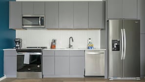 Fridge, dining tables - Landing | Stunning 1BD, Rooftop Lounge, Pool (Durham)
