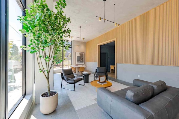 A modern interior with a sofa, chairs, a coffee table, and a potted plant.