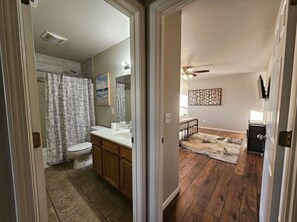 Hair dryer, towels, soap, shampoo