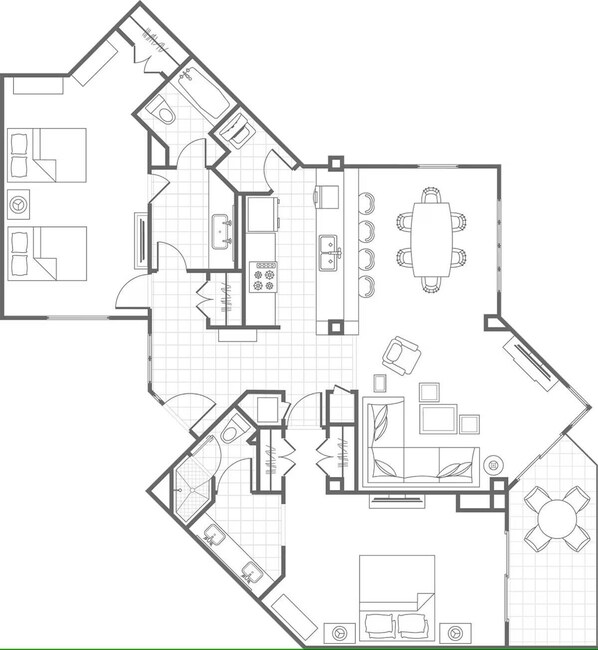 Plano de planta de un hotel con varias habitaciones, un comedor y una cocina.