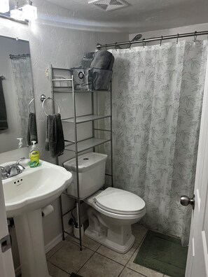 Hair dryer, towels, toilet paper