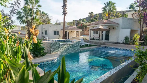 Ein Swimmingpool mit Mosaikfliesenbordur, umgeben von üppiger Vegetation und Palmen.