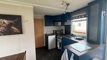 Cabin | Private kitchen | Fridge, microwave, oven, stovetop