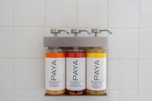 Regadera, secadora de cabello, shampoo 