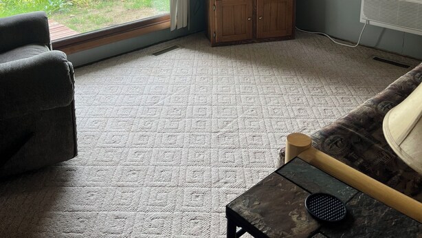 Une pièce dotée d’une grande fenêtre, d’un téléviseur posé sur un meuble en bois, d’un radiateur et d’un tapis à motifs.