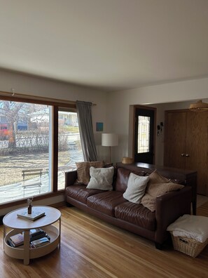 Smart TV, fireplace, books, printers