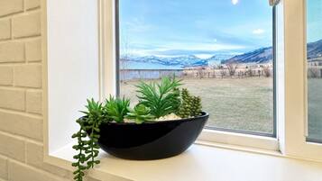A black bowl with green plants on a windowsill, overlooking a snowy landscape with mountains and a fence.