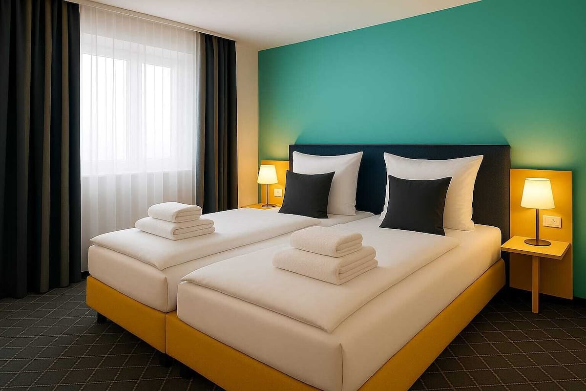 A double bed with white linens and two pillows, a bedside table with a lamp, and a window with sheer curtains.