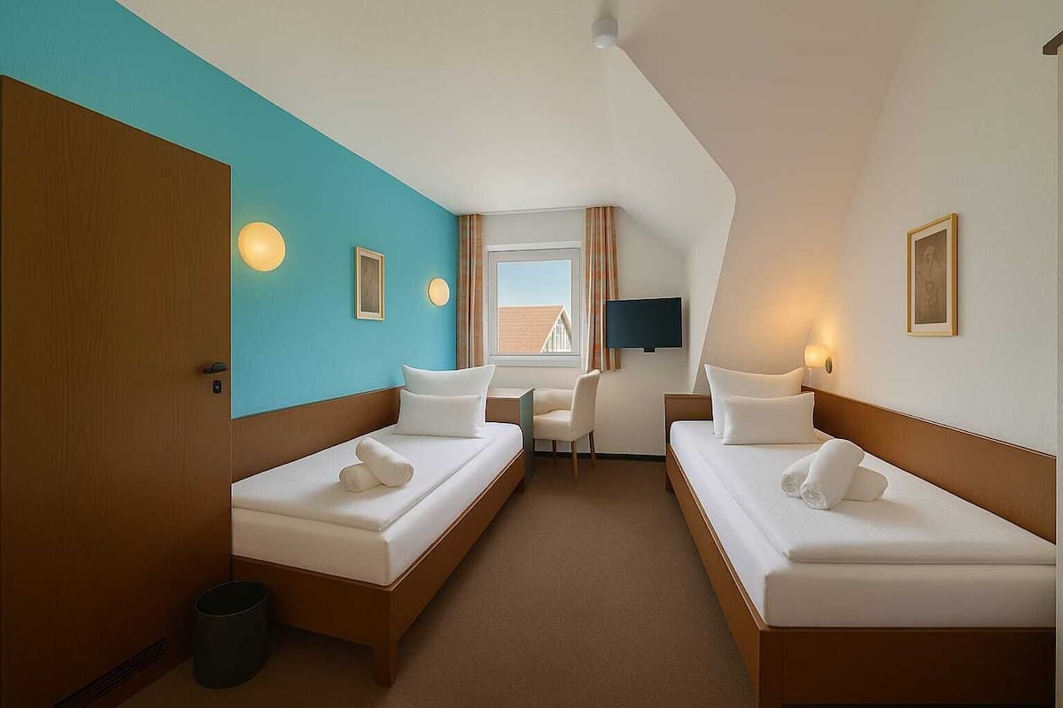 A hotel room with two single beds, a desk, a chair, a TV, and a window with curtains.