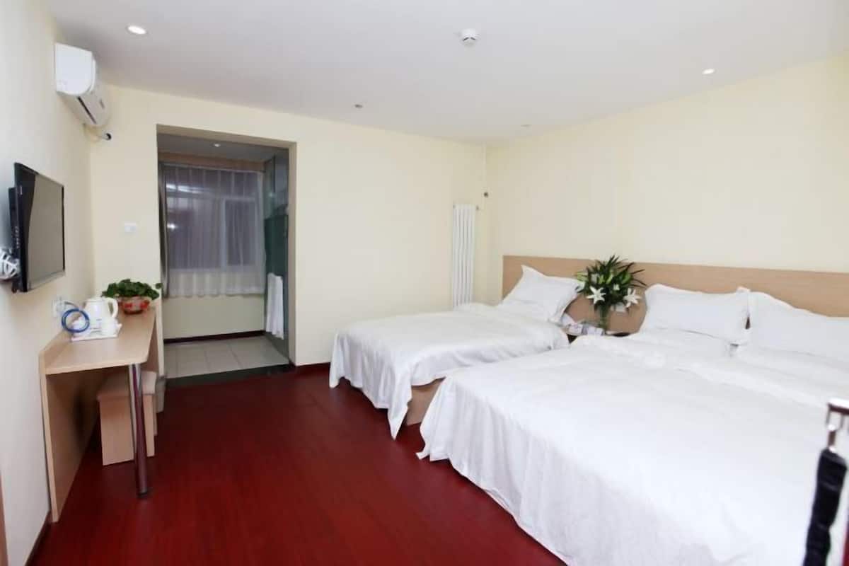 Habitación de hotel con dos camas, un escritorio, una silla, un televisor y una planta.