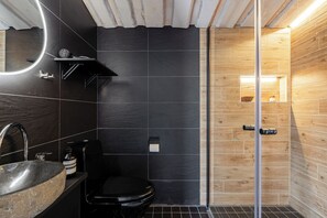 Douche, séchoir à cheveux, serviettes fournies, papier de toilette