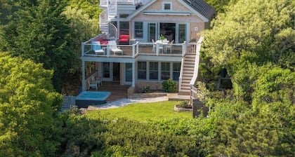 Large beachfront home with panoramic views and A.C. and hot tub.