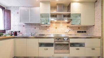 Coffee/tea maker, fridge, microwave, oven