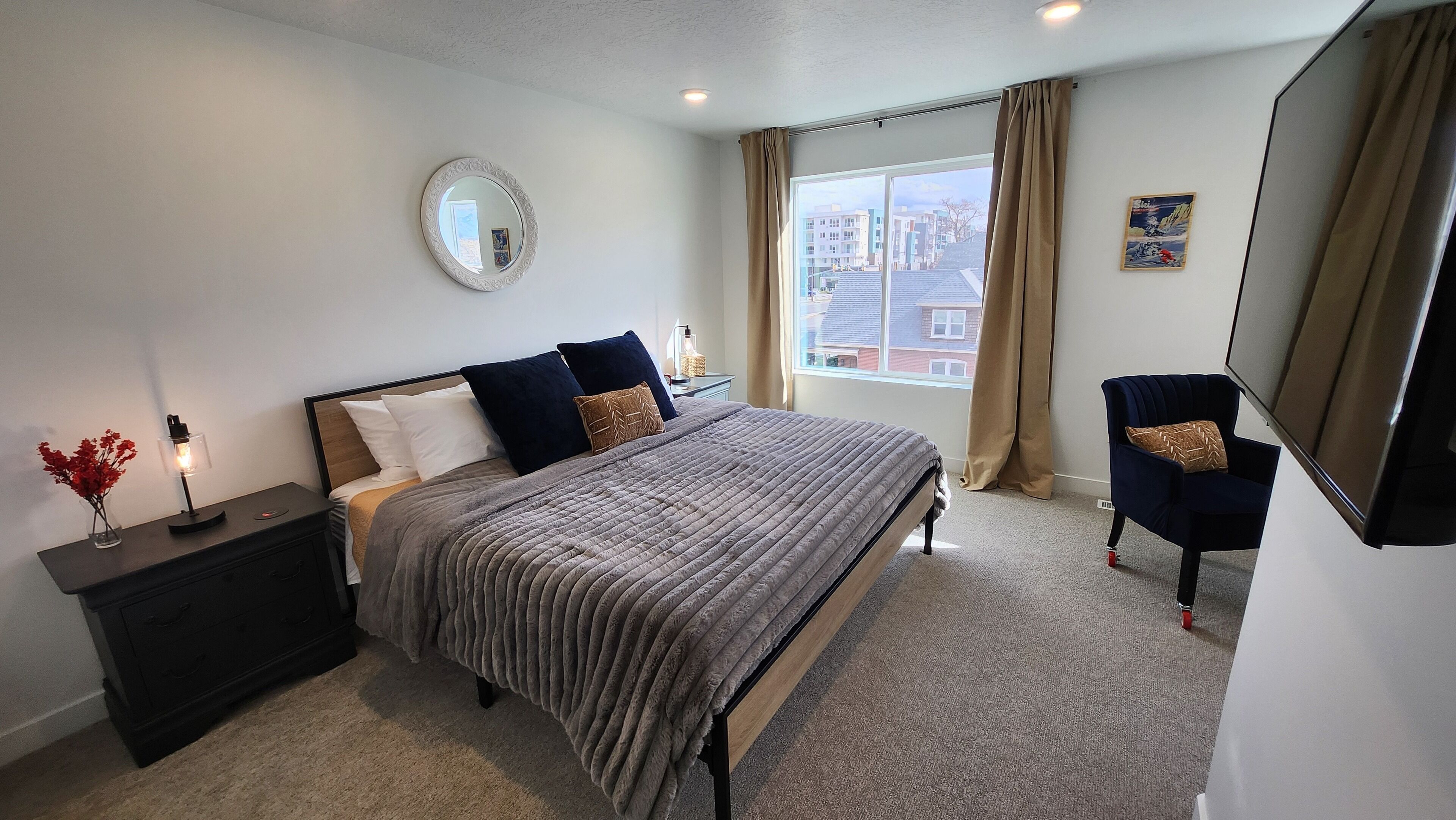 1 bedroom, desk, iron/ironing board, travel crib