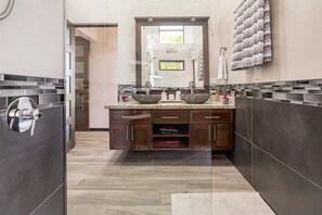 Hair dryer, towels, soap, shampoo