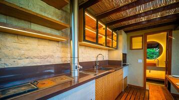 Deluxe House | Private kitchen | Fridge, microwave, stovetop, blender