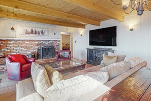 TV, fireplace, books