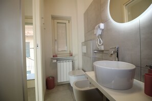 Shower, hair dryer, bidet, towels