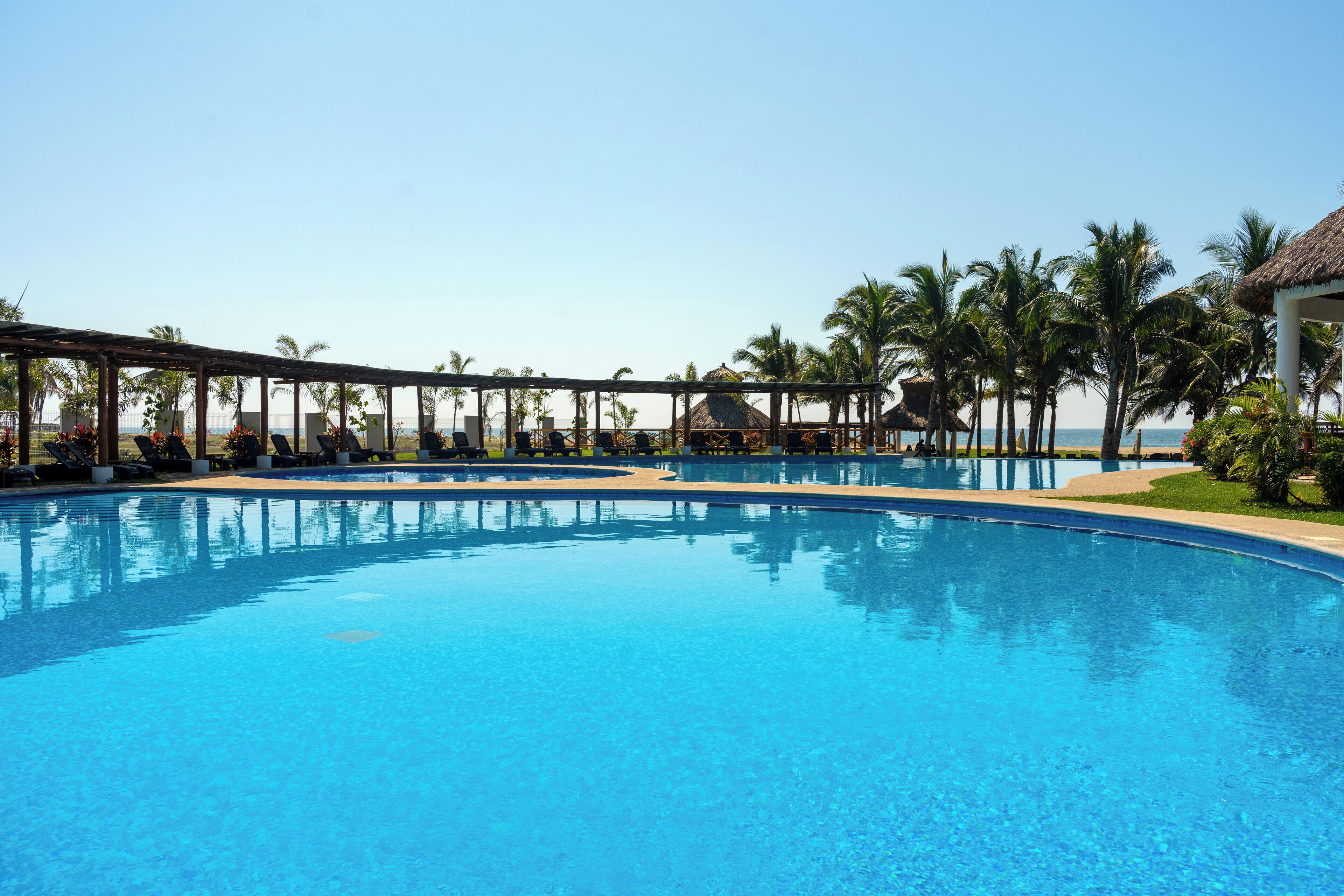 A clear blue pool with lounge chairs and palm trees, surrounded by a wooden pergola.