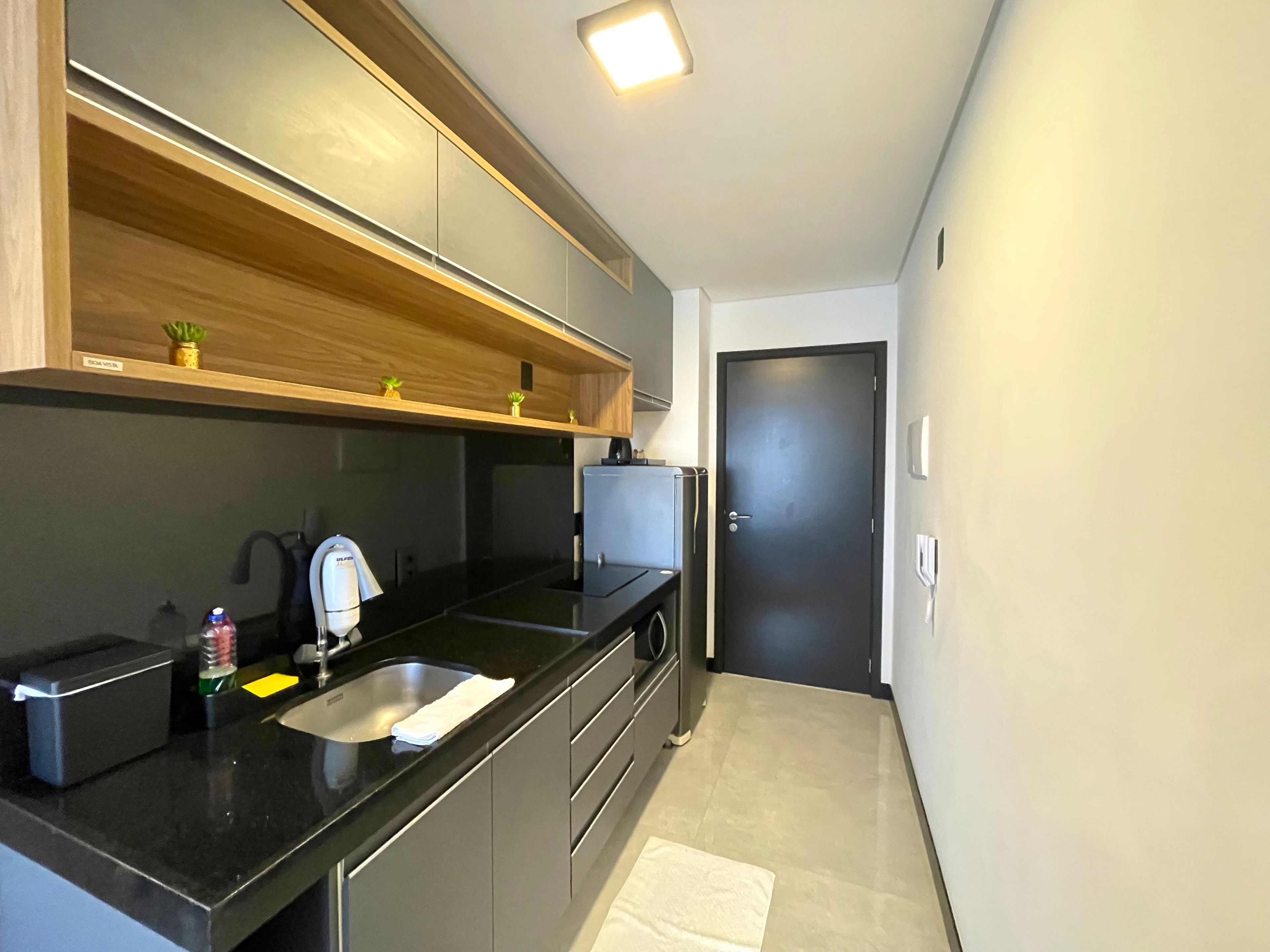 A modern kitchen with black countertops, a sink, and a refrigerator. There is a wooden shelf above the counter with small plants.