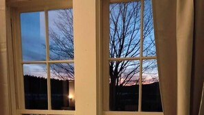Una ventana con múltiples vidrios, cortinas y vistas a árboles y al atardecer.