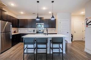 Fridge, dining tables