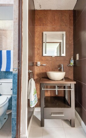 Shower, towels, soap, toilet paper