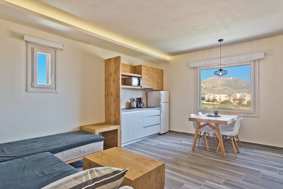 A compact living space with a kitchenette, a dining area, and a sofa.