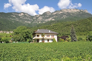 Una casa de dos pisos con un balcón, rodeada por un viñedo, con montañas al fondo.
