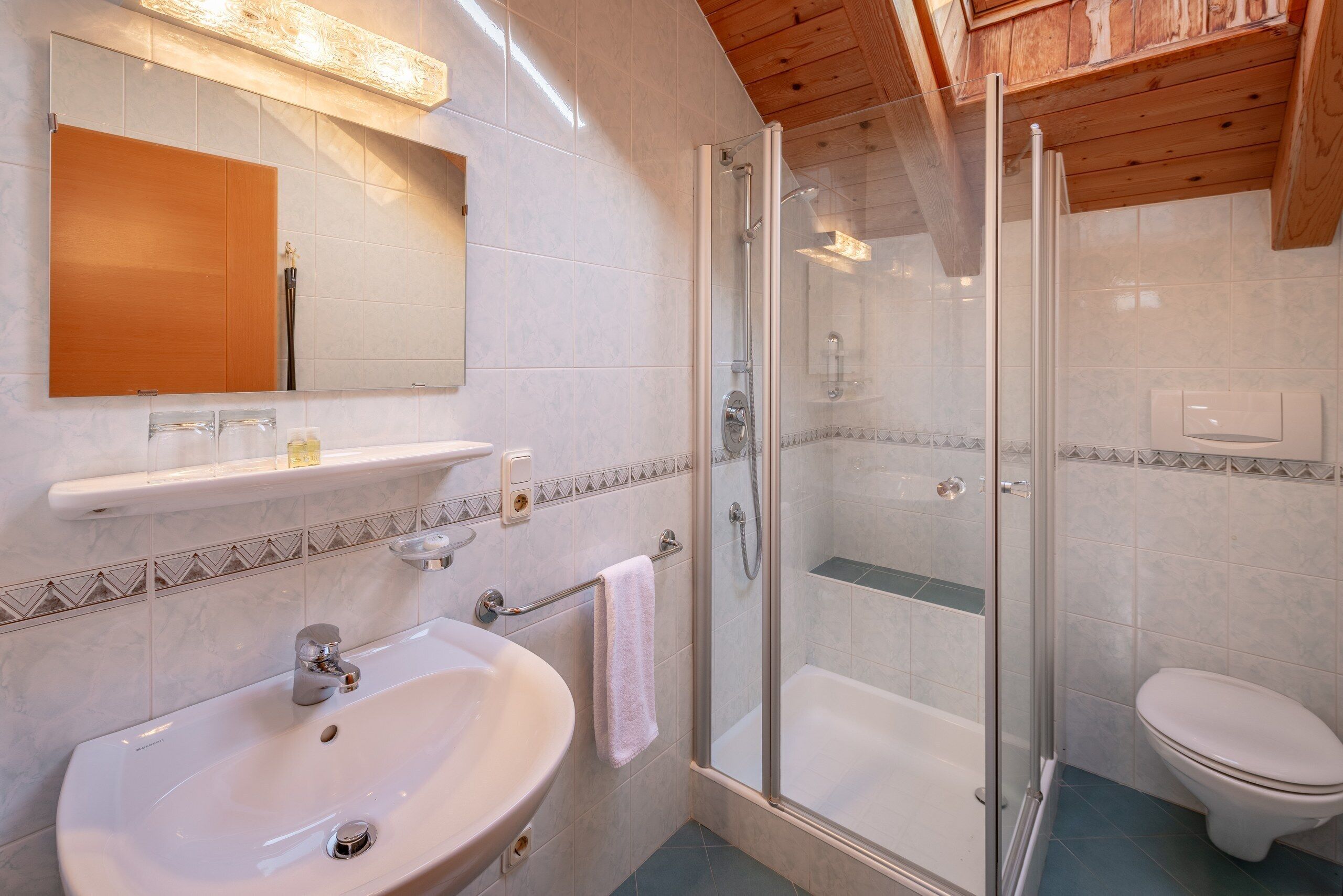 Un baño moderno con ducha de vidrio, un lavamanos blanco y un inodoro.