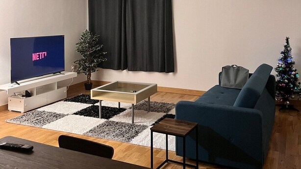 Un salon moderne avec un téléviseur à écran plat, un canapé bleu, une petite table basse, une plante en pot et un sapin de Noël.