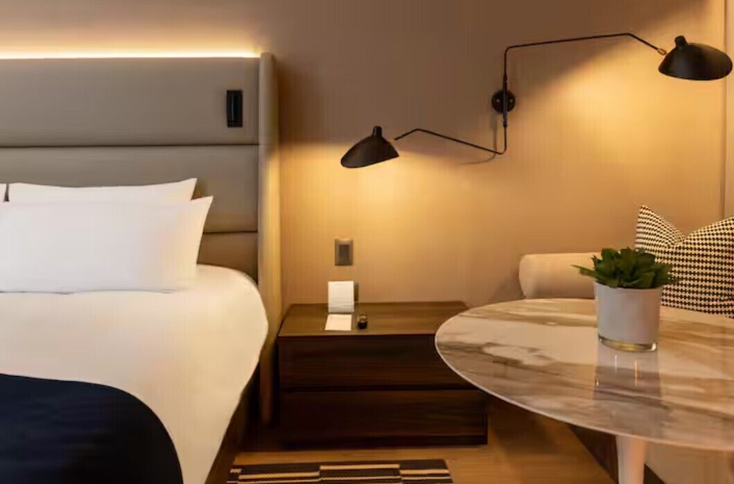 Quarto de hotel com cama, mesa de cabeceira, abajur e uma pequena mesa com uma planta.