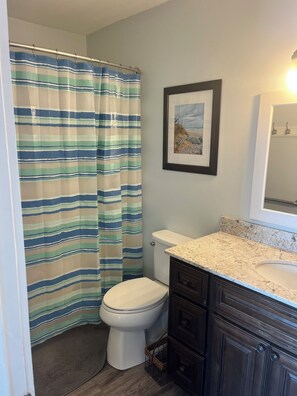 Hair dryer, towels, soap, toilet paper