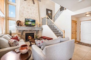 Smart TV, fireplace, video games, DVD player