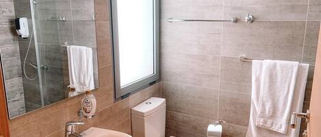 A modern bathroom with a glass shower enclosure, a white sink, a toilet, and a large mirror.