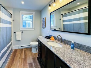 Hair dryer, towels, soap, toilet paper