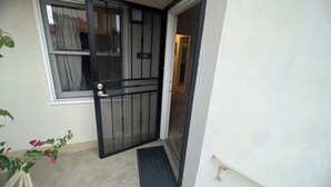 Une porte en métal noir avec un panneau de verre, un paillasson et un pot de fleurs devant un immeuble.