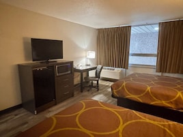 Habitación de hotel con escritorio, televisión, silla, dos camas, calefacción y ventana con cortinas.