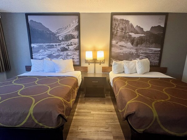 Room, 2 Queen Beds, Non Smoking | Desk, laptop workspace, blackout drapes, iron/ironing board