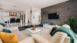 A modern living room with a sofa, coffee table, and a flat-screen TV mounted on a textured wall. - Gorgeous home in Vizinada (Vizinada)
