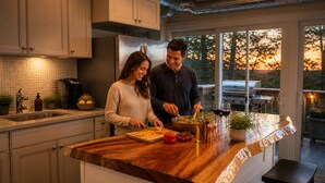 Una cocina moderna con una isla grande, electrodomésticos de acero inoxidable y vistas al exterior.