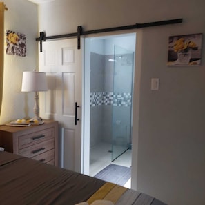 Shower, hair dryer, towels, toilet paper