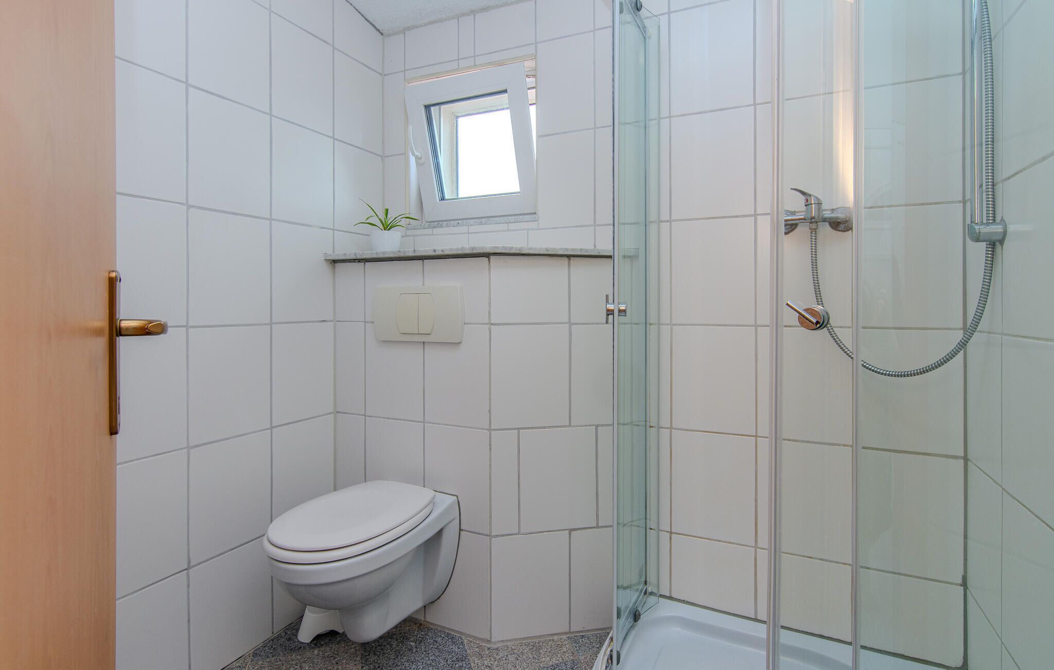 A bathroom with a toilet, a shower with a glass door, a small window, and a potted plant on the wall.