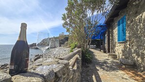 A stone building with blue shutters, a rocky shoreline, and a bottle of wine. - 4 bedroom lovely home in Ricadi (Ricadi)