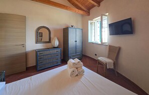 A bedroom with a bed, a wardrobe, a mirror, a cabinet, a chair, and a TV on the wall.