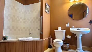 Jetted tub, hair dryer, towels, soap