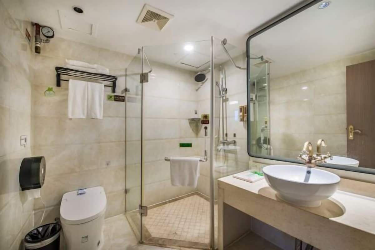 A bathroom with a glass-enclosed shower, a white sink, a toilet, and a large mirror.