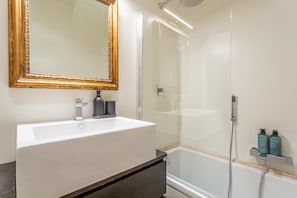 Shower, hair dryer, bidet, towels