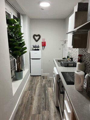 Een moderne keuken met een inbouwoven, een spoelbak en een kookplaat. Op de vensterbank staat een potplant en aan de muur hangt een decoratie in de vorm van een hart.